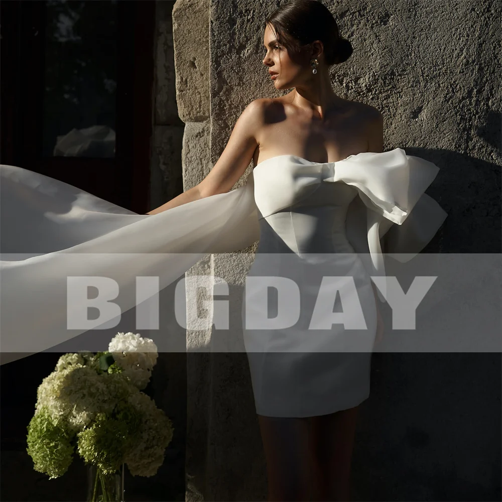 Sukienka ślubna damska BIGDAY, krótka, typu \"sheath\", z kokardą, odkryte plecy, bez ramiączek, plisowana, przed kolano, suknia ślubna Vestidos De Noiva, szyta na miarę, 2025