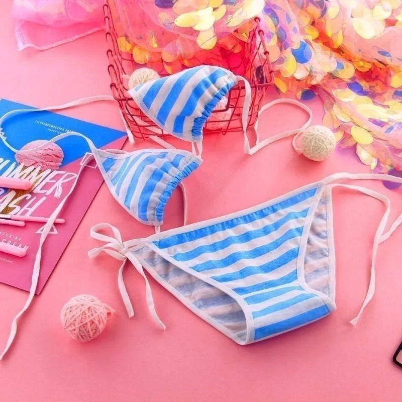 3 Pcs Japanese  Girl Cosplay Bra Panties Set Women Sexy Lingerie Underwear Intimates Kawaii Lolita Striped Cute Nightwear Outfit
