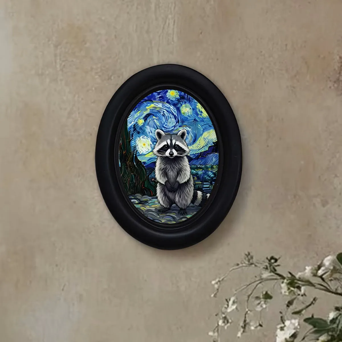 1 Piece of Starry Night Raccoon Oval Frame Wall Decoration, Van Gogh Starry Sky Style Raccoon Decorative Painting, Vintage Fun Raccoon Element Painting, Fun Wall Decoration for Living Room and Bedroom, Gift for Raccoon Enthusiasts