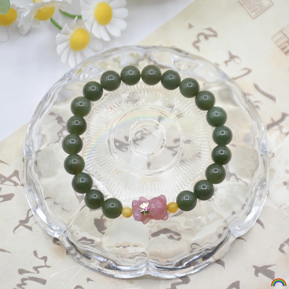 천연 호탄 옥 핸드 스트링, 투명한 물 소재, Yanyuan 마노 작은 곰 옥 팔찌, Rwbuy 브랜드 디자인