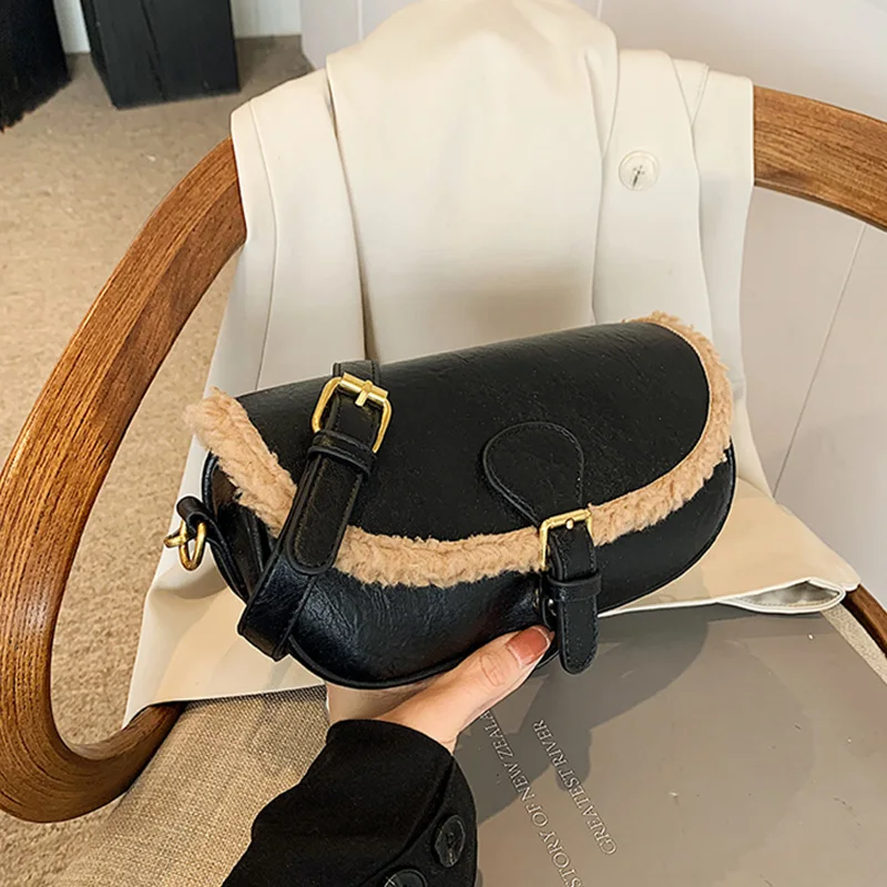 Retro Crossbody Small Bag for Women Autumn Winter Lamb Wool Leather Splicing One Shoulder Bags Casual Simple Phone Pack