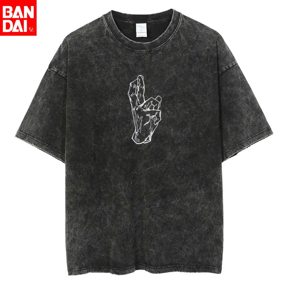 Jujutsu Kaisen Gojo Satoru "Infinite Void" Handgesten-Minimalismus-Linienkunst Vintage Wash Print T-Shirt Herren 2026 Sommer Schwarz