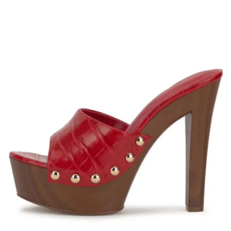 DIZHUANG Sexy women's high-heeled sandals Red stone patterned leather slippers About 15cm heel height Strange style slippers.
