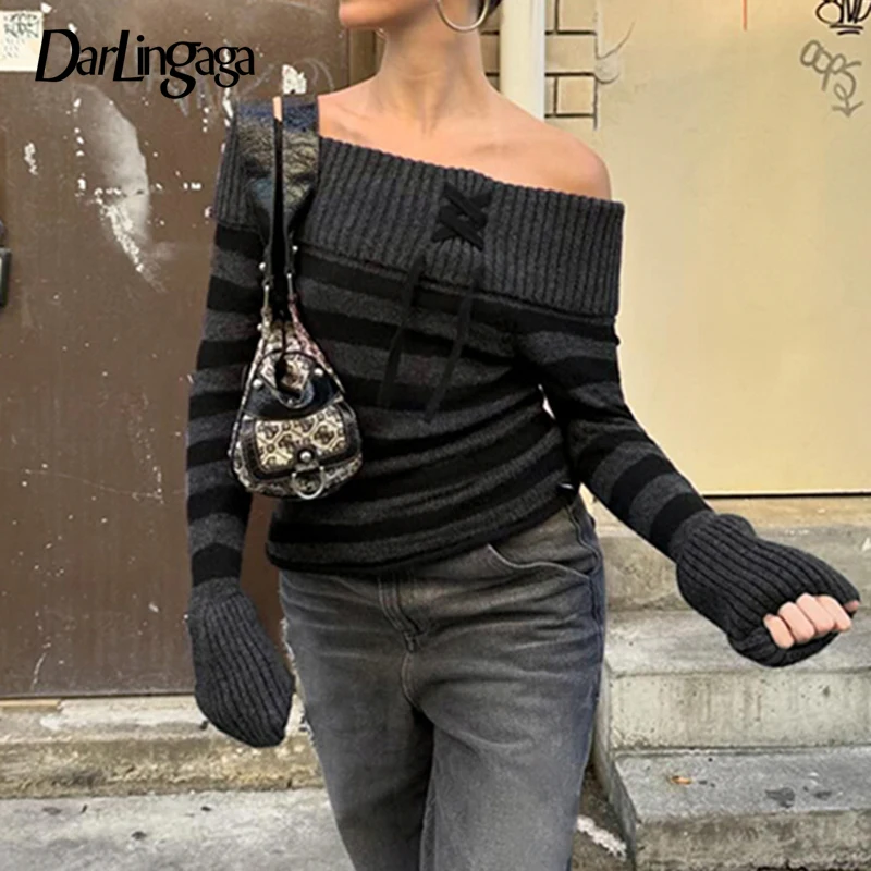 Darlingaga Korean Style Striped Sweater Off Shoulder Autumn Winter Female Jumper Contrast Color Knitwear Y2k 2000s Trend Outfits