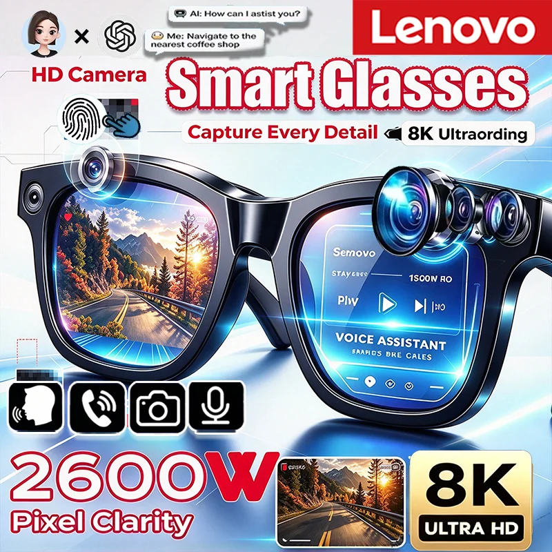 Smart Audio Glasses Bluetooth Polarized - Lenovo Bluetooth AIスマートカメラグラス UV400偏光レンズ搭載 オープンイヤー型サングラス AI通話機能付き