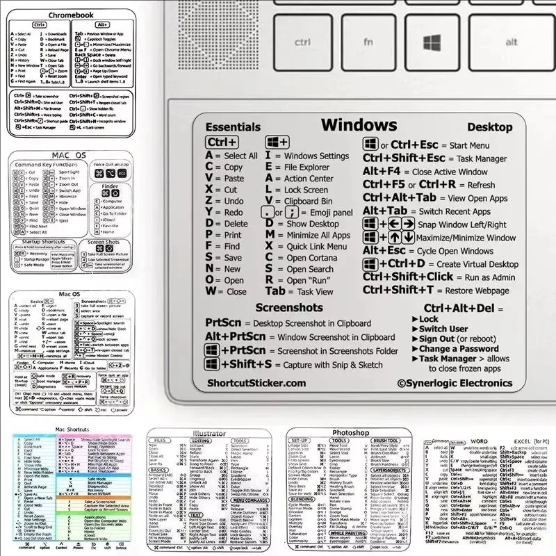 Reference Keyboard Shortcut Sticker Adhesive for PC Laptop Desktop Shortcut Stickers for Apple Mac Chromebook Window Photoshop