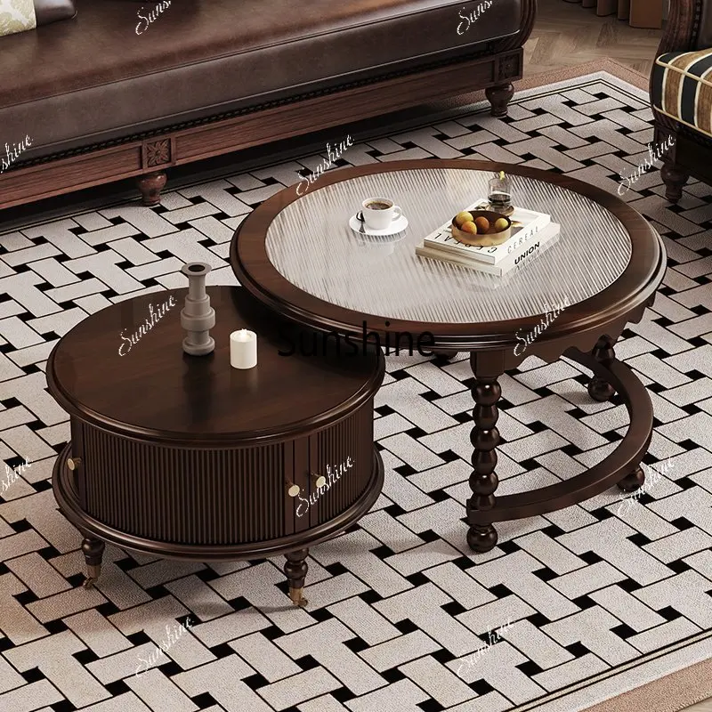 

American retro pure solid wood round coffee table combination small apartment home high sense
