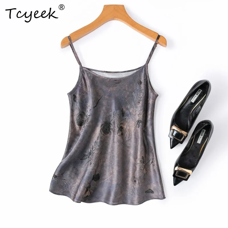

Tcyeek 100% Real Mulberry Silk Women's Tanks 2026 Summer New High-quality Printed Smooth Sexy Top Clothing for Ladies Ropa Mujer