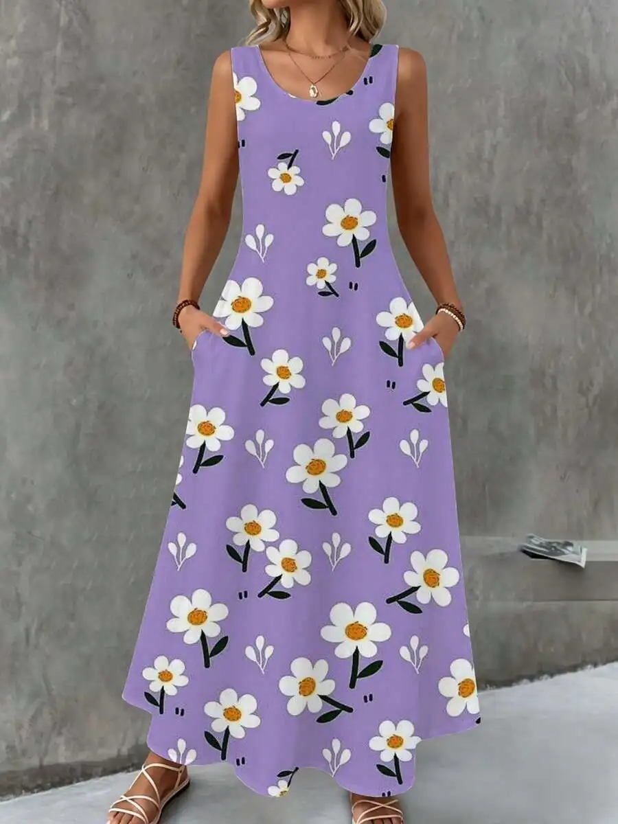 

Sleeveless Purple Daisy Print Maxi Dress Summer Beach Vacation Outfit Women Fashion