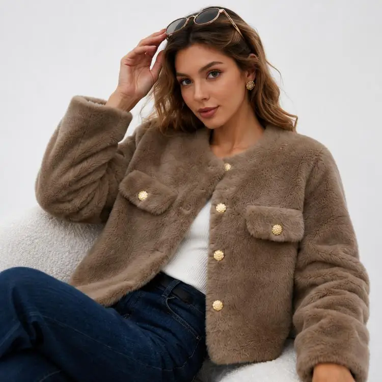 Women's Brown Faux Fur Short Jacket with Gold Buttons Cozy Round Neck Coat for Autumn Winter