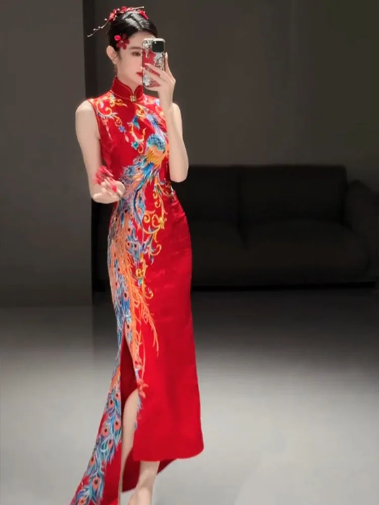 

New Chinese Sle Red Floral Print Long Dr 2025 New Summer Improved Engagement Dr Ele A-Line Skirt