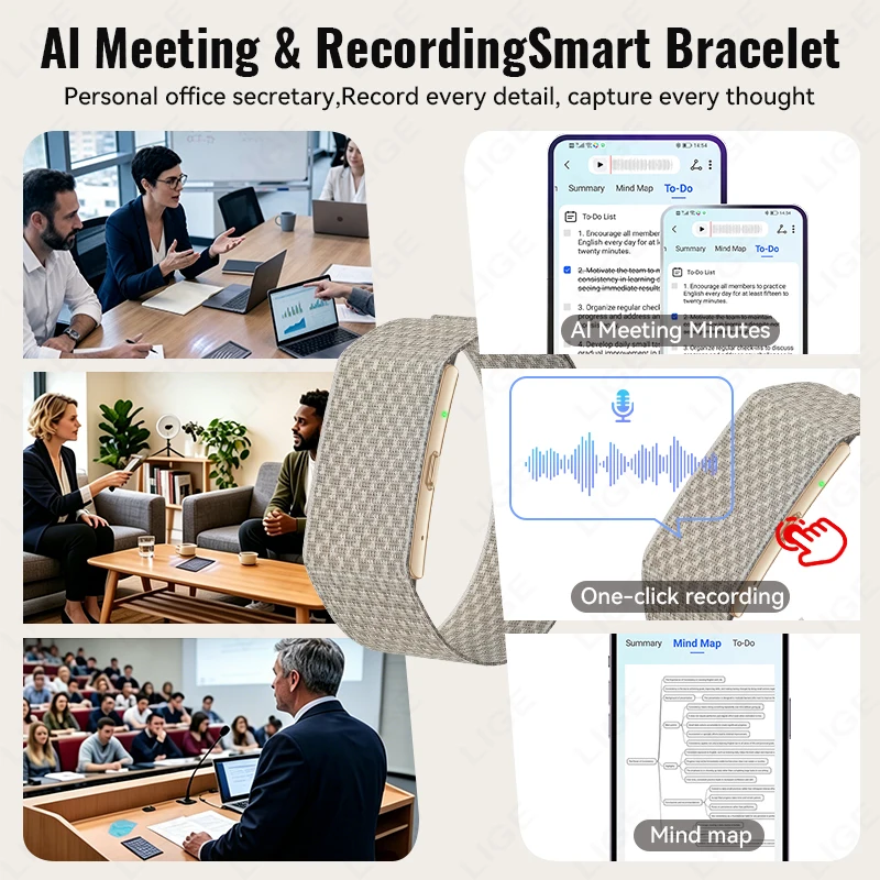 LIGE 2026 Screenless Smart Bracelet With AI Meeting Transcription One-Click Recording Heart Rate Blood Oxygen Monitor Smartwatch
