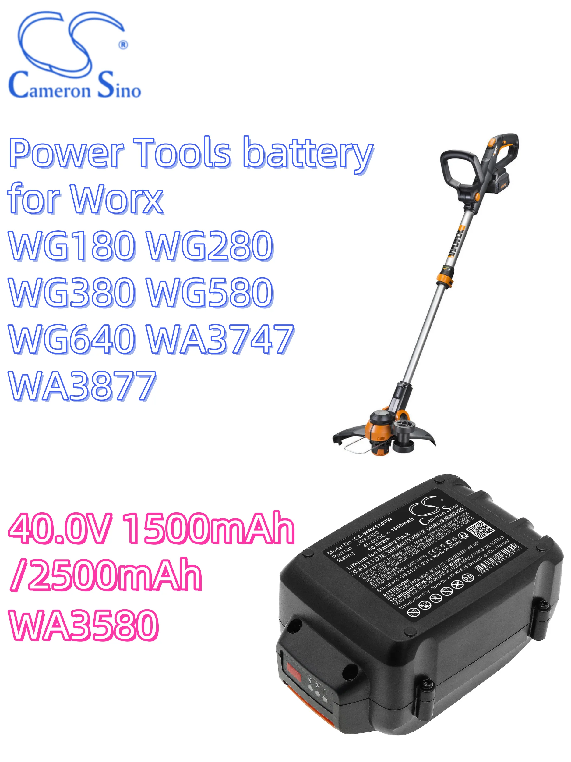 

digital battery Cameron sino Power Tools 40.0V 1500mAh/2500mAh for Worx WG180 WG280 WG380 WG580 WG640 WA3747 WA3877 WA3580