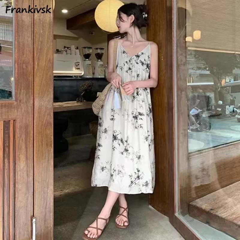 

Loose Dresses Women New Chinese Style Hotsweet Summer Mid-calf Simple Daily Bamboo Print Holiday Classic Minimalist Fairycore