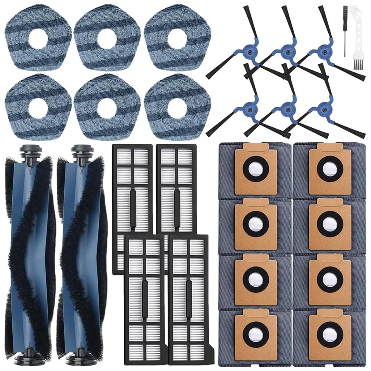 

T79C For Eufy X10 Pro Omni:2 Main Brush,6 Mop Cloth,6 Side Brushes,4 HEPA Filters,8 Dust Bags,1 Cleaning Tools,1 Screwdriver