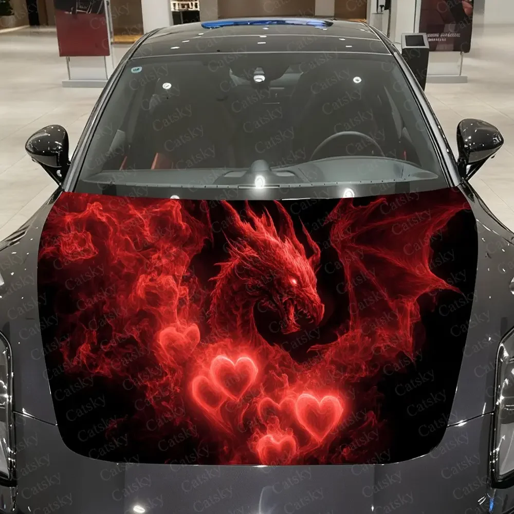 Red Flame Heart Dragon Dreamy Car Vinyl Wrap, PVC Waterproof Car Sticker, Self-Adhesive Scratch-Resistant Engine Cover Sticker