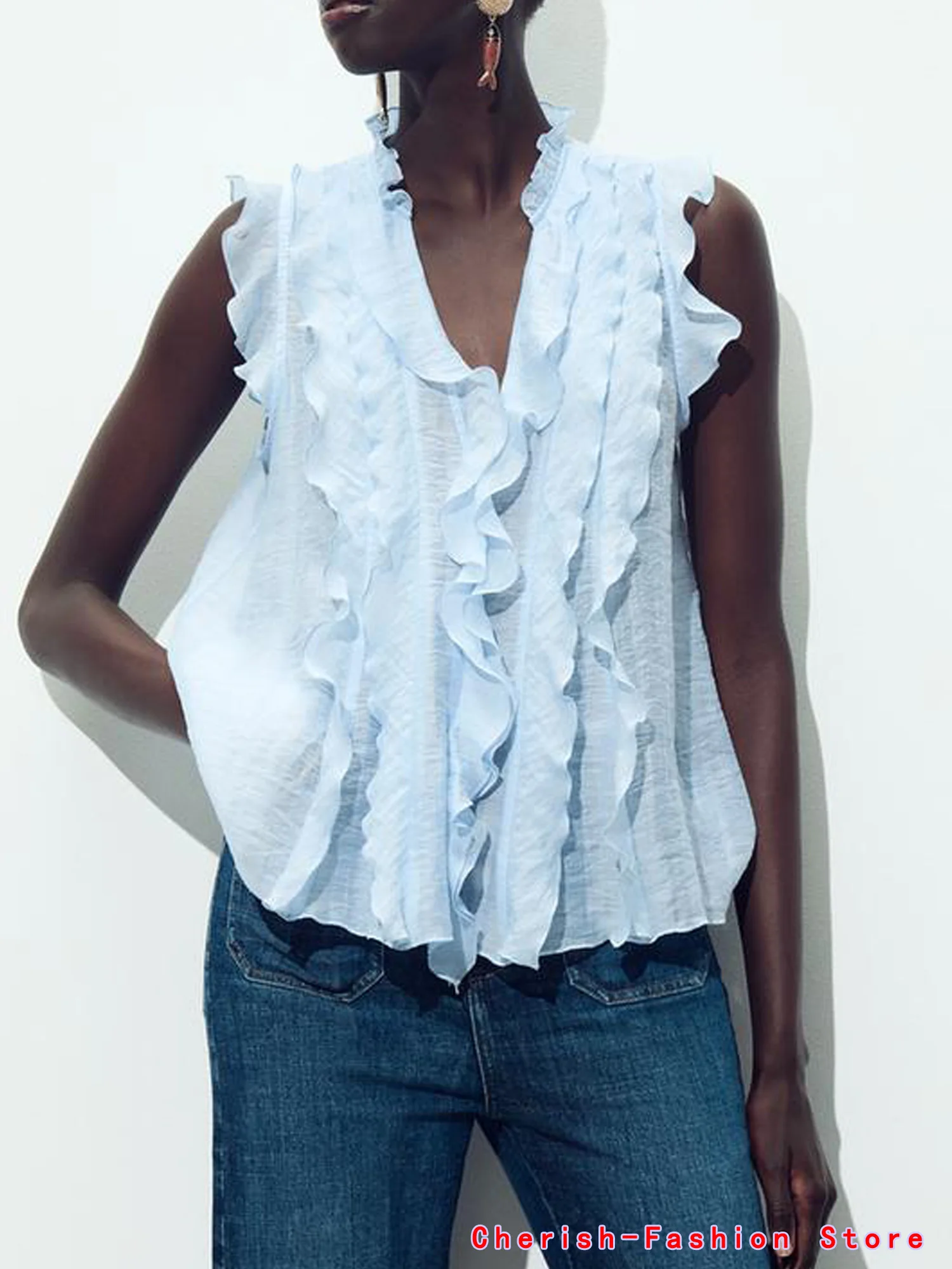 

Sexy Women Translucent Ruffles Blouses 2025 New Fashion V-neck Single Breasted Tierred Causal Tops Beach Style Solid Shirt