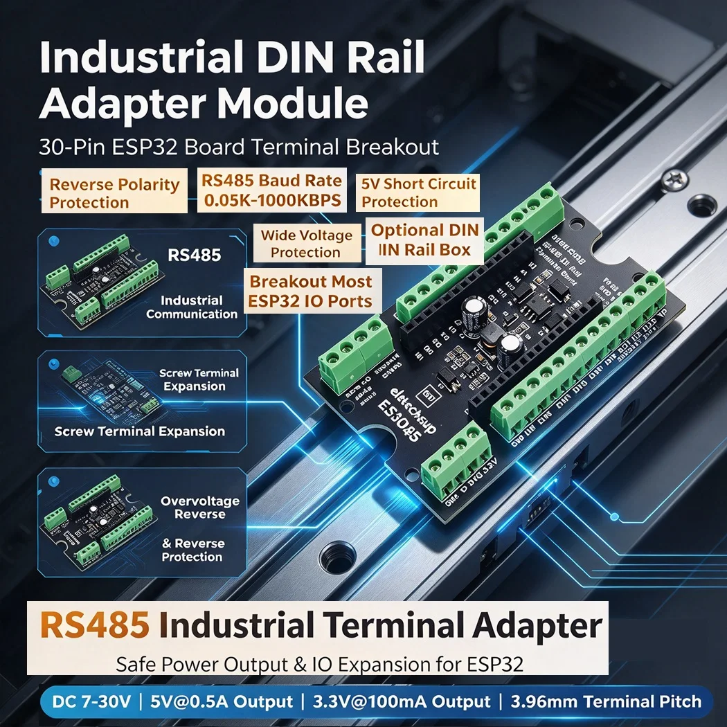 30PIN ESP32 Expansion Board RS485 DIN Rail Mount Terminal Adapter DC7-30V Reverse Polarity Protection 5V 3.3V Output Industrial