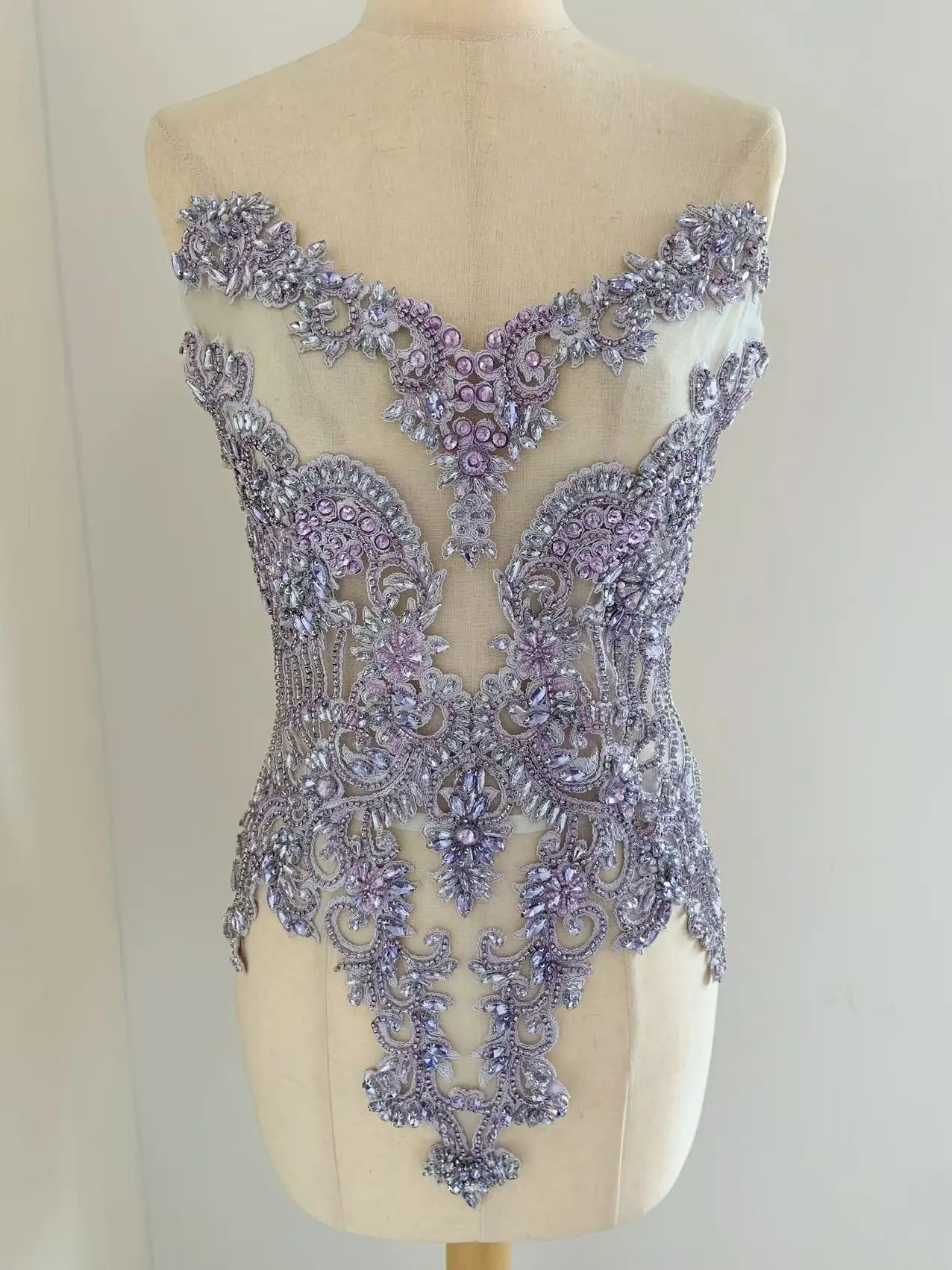 1 Piece Large Purple Sparking Rhinestone Applique Crystal Beads Bodice Patch for Wedding Dress,Couture Sew on,Dance Costume