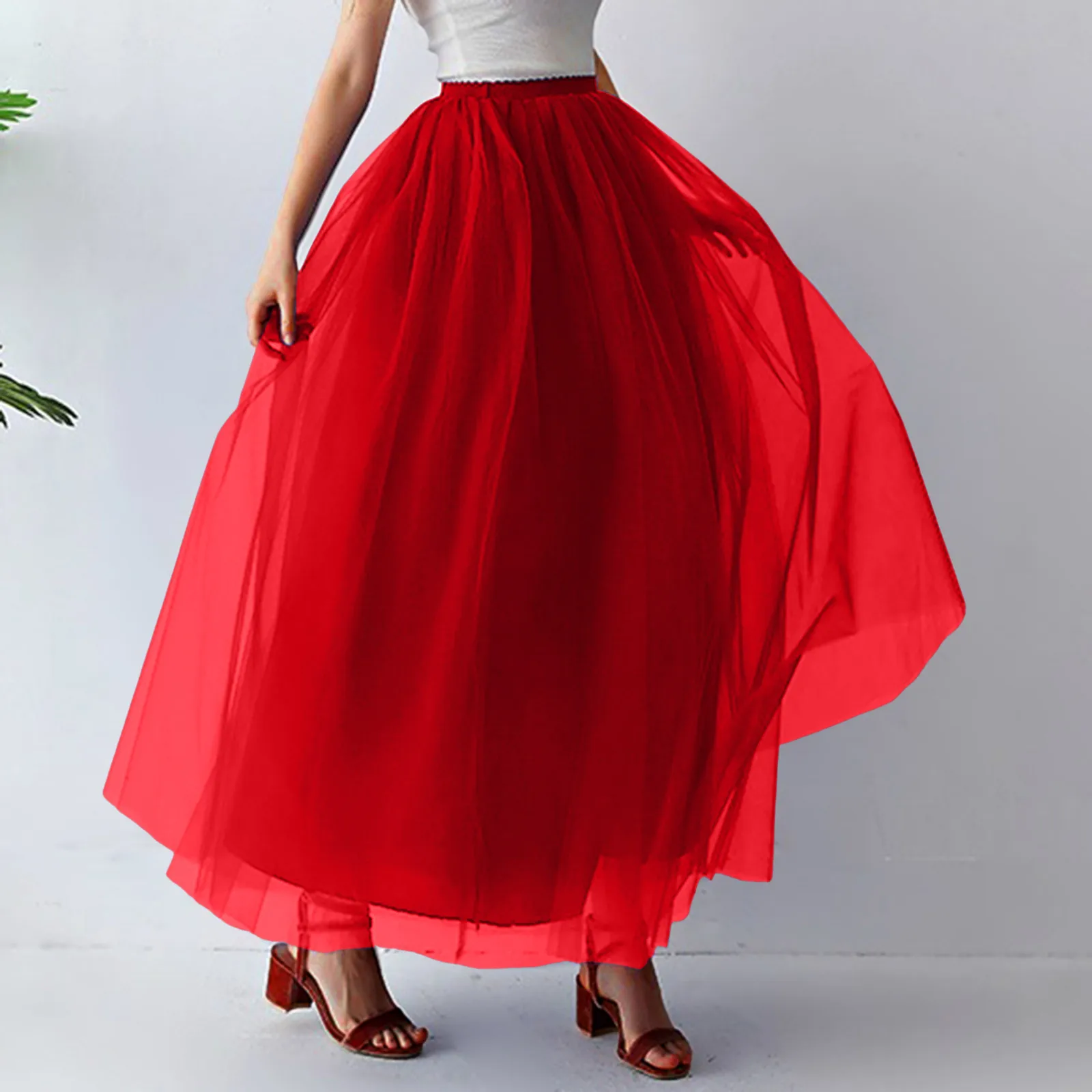 Women Fashion Mid Length Tutu Dress Adult Elastic Waist High Low Tulle Maxi Dress for Party Carnival Match Rivet Jacket