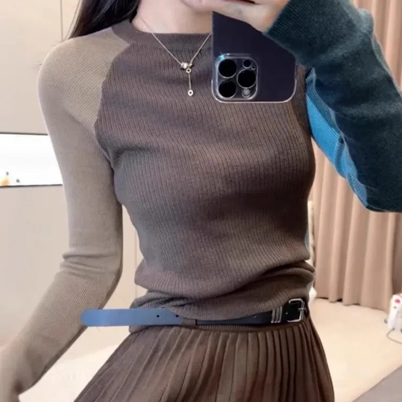 Spring Autumn Round Neck Long Sleeve Fashion Sweater Women High Street Contrast Color Pullovers Korean Style Elegant Slim Tops