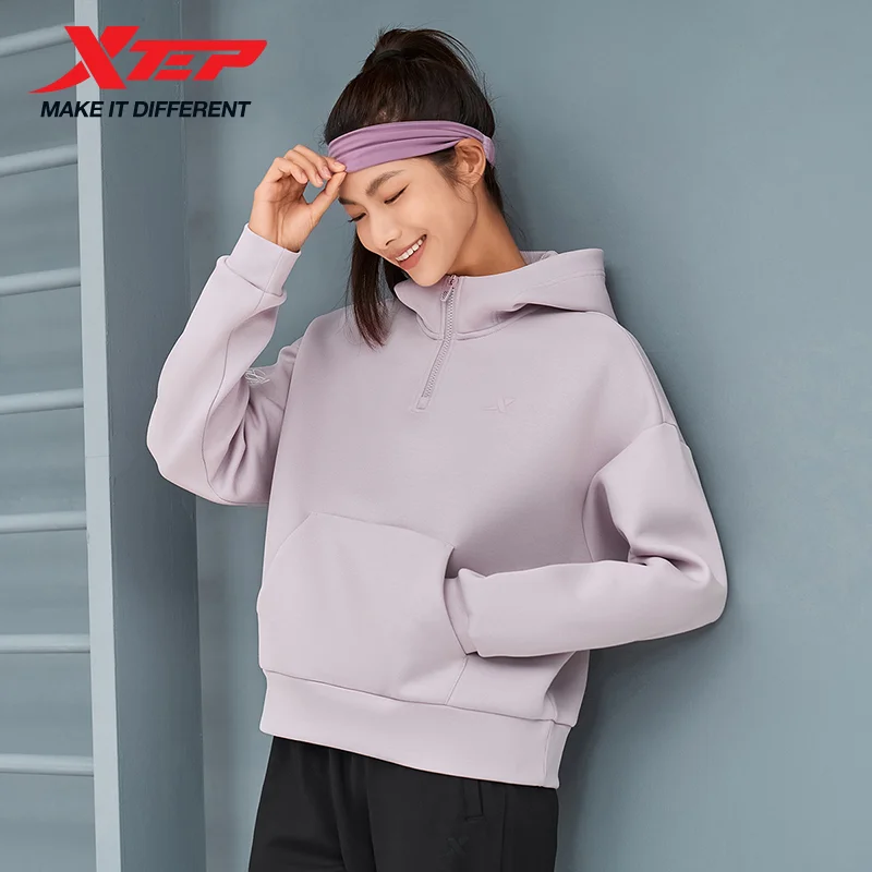 Xtep Hoodie For Women Stand Collar Warm Sweat-Absorbing Normcore Minimalist Everyday Hooded Jogging Tops 976428930124