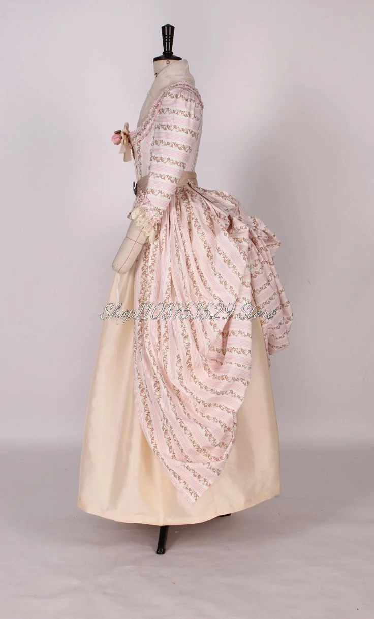 Victorian Vintage Pink Prom Dress Renaissance Aristocratic Women Half Sleeve Lace Appliques Ruffles Rococo Halloween Ball Gown