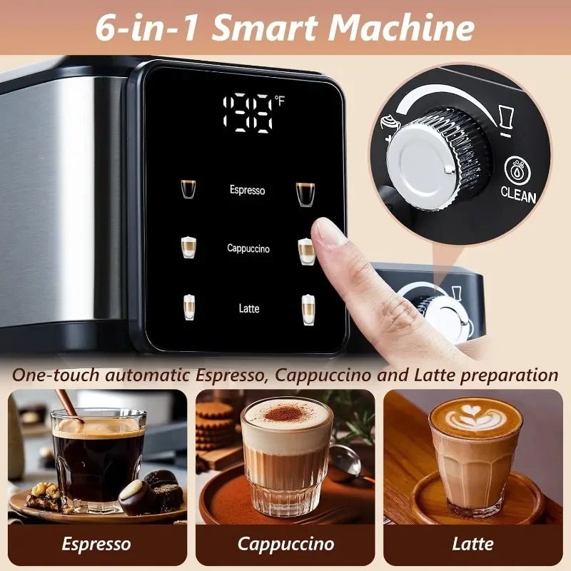 Máquina de café expreso y capuchino, máquina de café con leche de caldera doble de 20 bares con control táctil y pantalla digital de temperatura