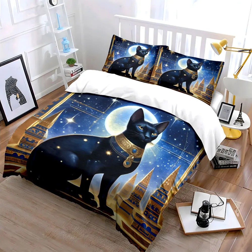 

"Egyptian Moon Cat Decor Set" Multiple sizes kid's and adults' bedroom Exquisite 3PC bedding set, gift