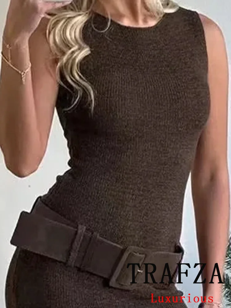 TRAFZA Vintage Casual Sexy Chic Women Dress Solid Sleeveless O-Neck Sashes Mini Dress New Fashion 2024 Autumn Female Dress