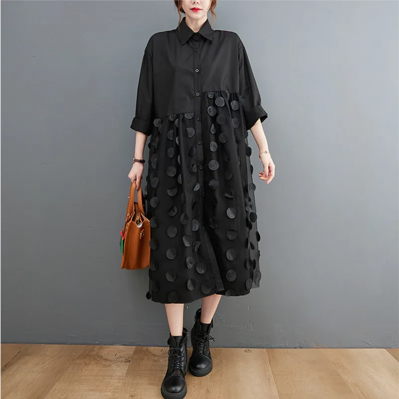 #4014 Spring Midi Dress Women Turn-down Collar Black Shirt Dress Long Sleeves Casual Loose Spliced Mesh A Line Dress Midi Sexy