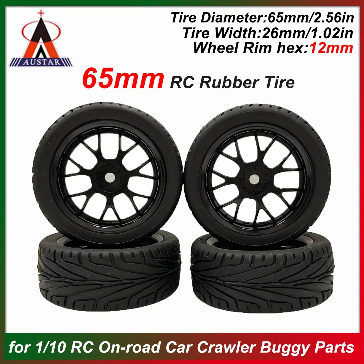 

4 шт. AUSTAR 65 мм RC резиновая шина 12 мм шестигранный обод колеса противоскользящая износостойкая шина для 1/10 RC внедорожного автомобиля гусеничный багги детали