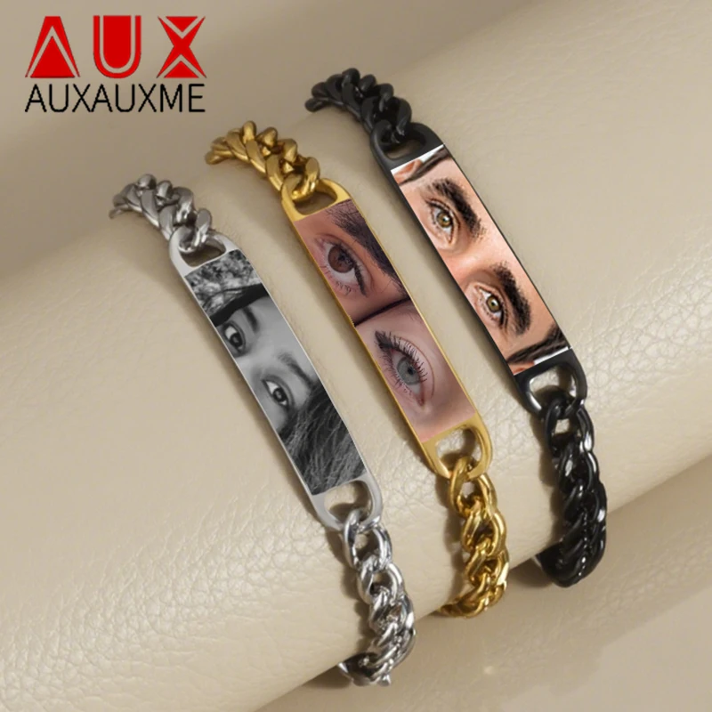 

Auxauxme Personalized Color Eyes Photo Bracelets Women Men Stainless Steel Custom Laser Engrave Text Logo Chain Bracelet Jewelry