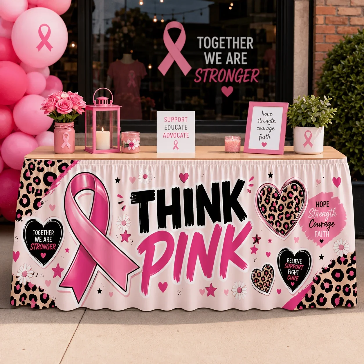 One tablecloth table skirt: Think Pink - Pink ribbon leopard print heart-shaped daisy star motivational text printxzj