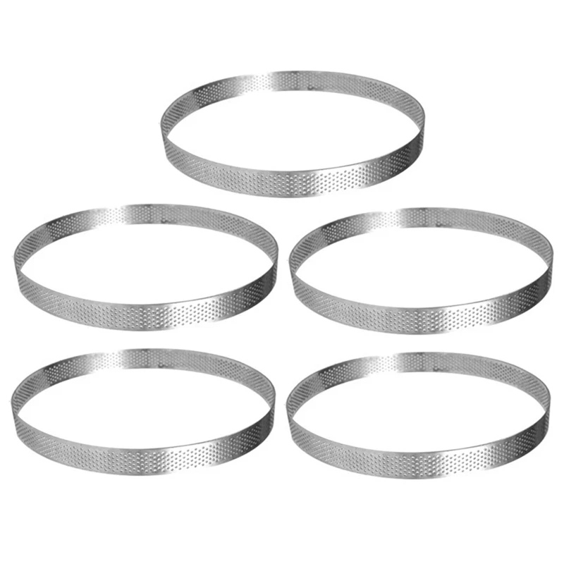 

A19F-5Pack 20Cm 10Pcs Circular Tart Rings With Holes Stainless Steel Fruit Pie Quiches Cake Mousse Mold Kitchen Baking Mould