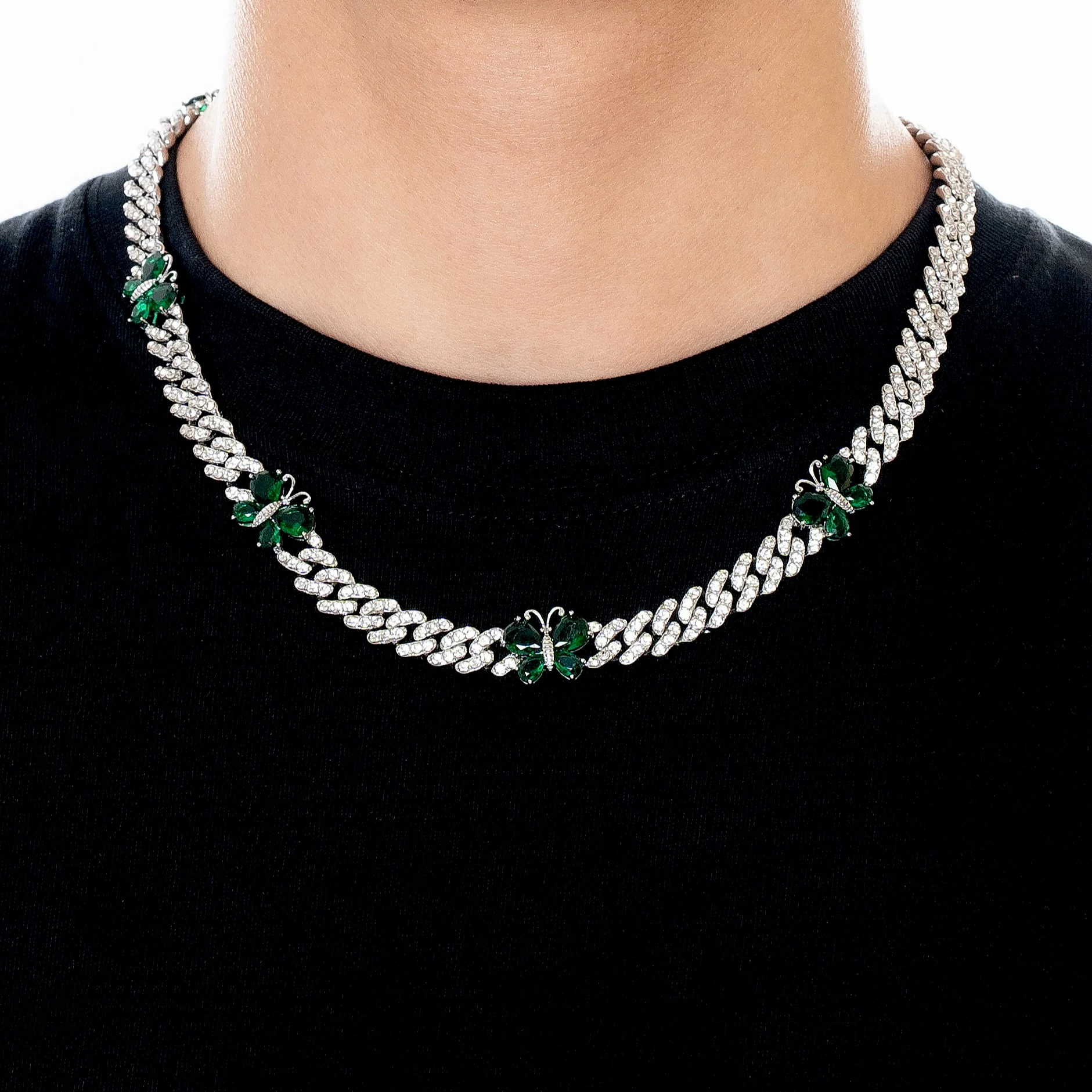 

European and American Full Diamond Cuban Chain Emerald Butterfly Gem Necklace American Street Rap INS Diamond Zircon Hip Hop