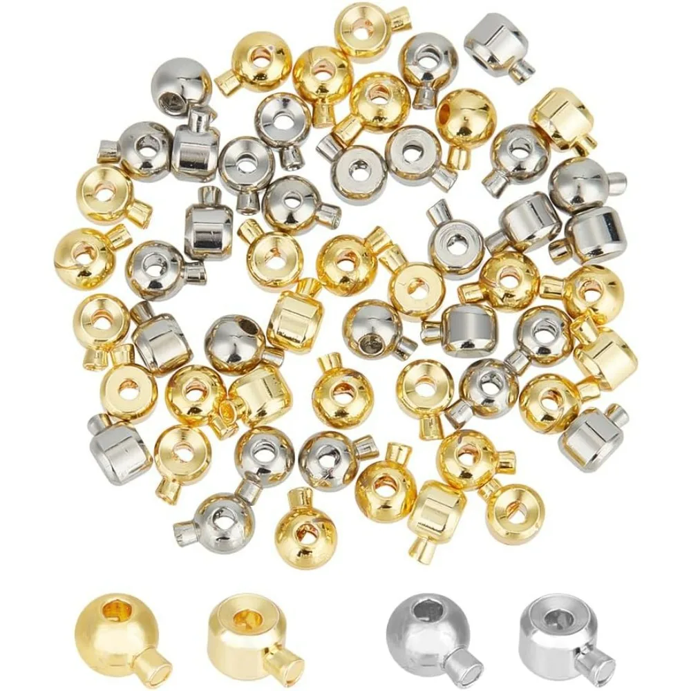 56 Pcs Brass Crimp Beads, 2 Colors Column Beads Cord End Caps Rondelle Metal Crimp Beads Tube Crimp End Beads for DIY Crafts