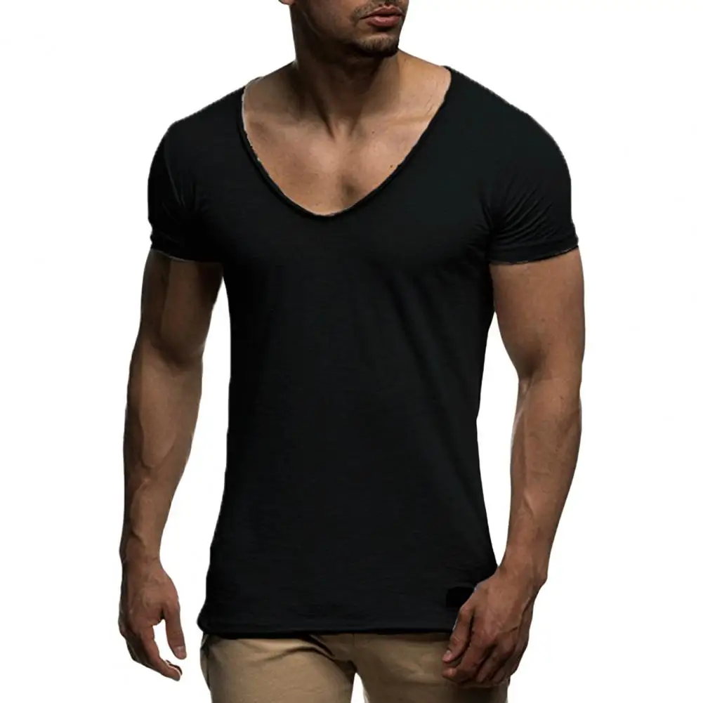 Men Slim Fit V-neck T-shirt Men\'s V Neck Summer T-shirt Soft Slim Fit Breathable Sport Top for Wear Short Sleeves Solid Color