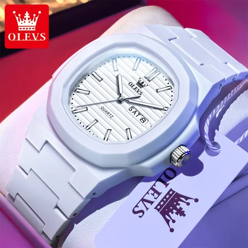 Imagen 2 del producto OLEVS reloj de pulsera de lujo para hombre, reloj luminoso con fecha resistente al agua para hombre, relojes de cuarzo de resina blanca para hombre, reloj para hombre