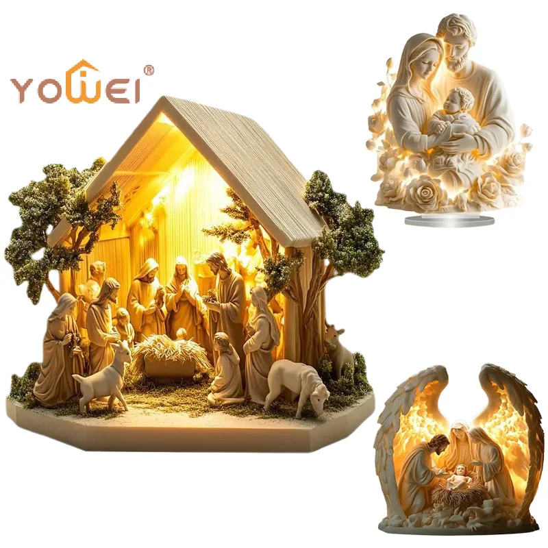 Latest 2D Flat Acrylic Nativity Jesus Birth Scene Xmas Table Centerpiece Decoration Accessories Home Office Party Ornment Gifts