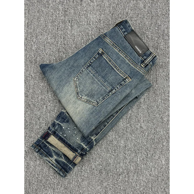 

Light luxury rhinestone design jeans for men's spring and summer 2025 new collection, elastic slim fit, small toe hole pants