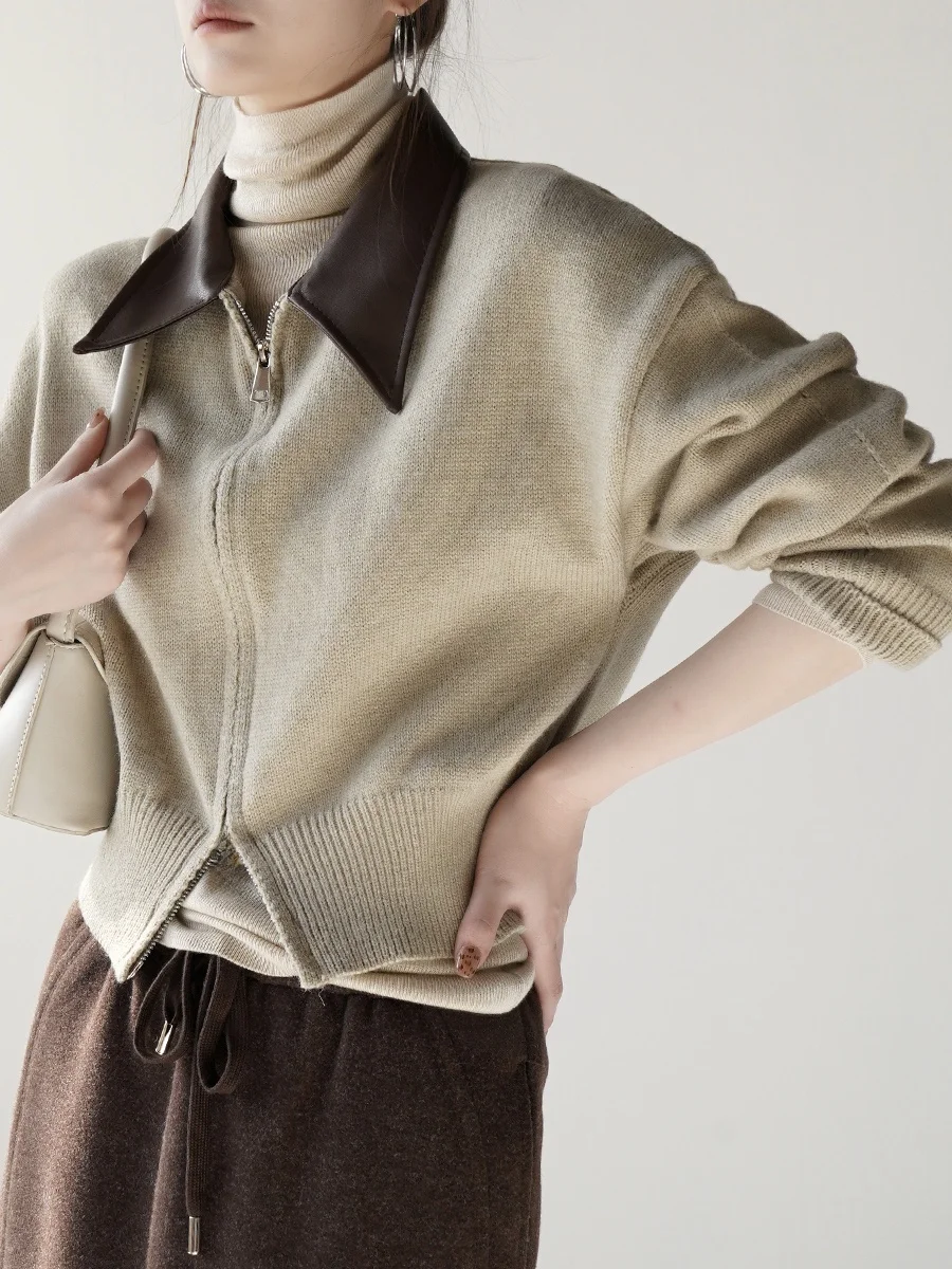 

Warmo Design Sense Spliced Leather Collar Knitted Sweater Women's ort Double Zipper Soft Cozy Cardigan Slimming Effect