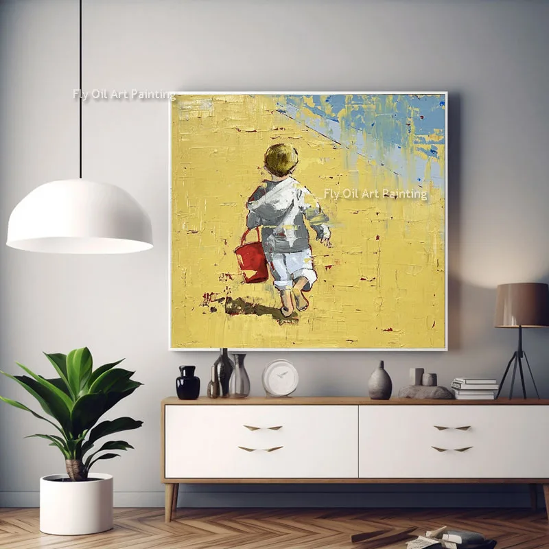 Modern Little Boy Carrying A Bucket Oil Painting Hand Painted Wall Art For Living Room Bedroom Home Decoration As Best Gift