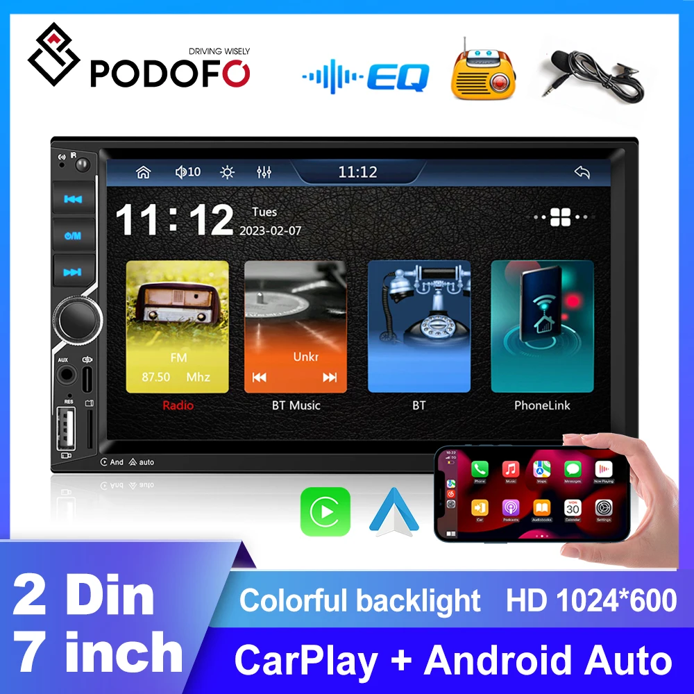 Podofo Wireless Carplay Car Stereo Radio 7'' Universal Bluetooth Mirror Link Navigation GPS AUX FM Car Mp5 Multimedia Player