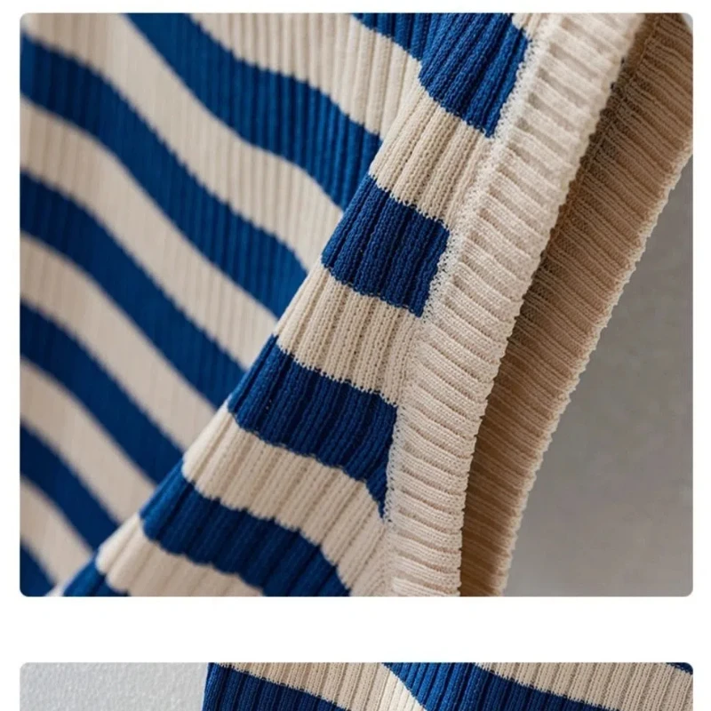Summer Women\'s Clothing Pullover Screw Thread Round Neck Contrast Color Striped Casual T-shirt Fashion Trendy Classic Tops