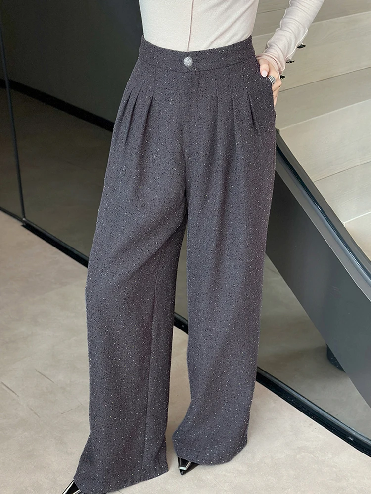 Fashion Business Formal Shiny Wide Leg Loose Long Pant Elegant Lady Mujer High Waist Folds Trousers Casual Women Street Clothes