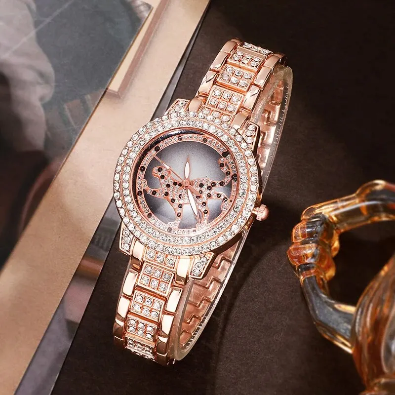 Women Quartz Watch Fashion Bling Casual Ladies Watch Female Watches Crystal Diamond Leopard For Women Clock Jewelry Set