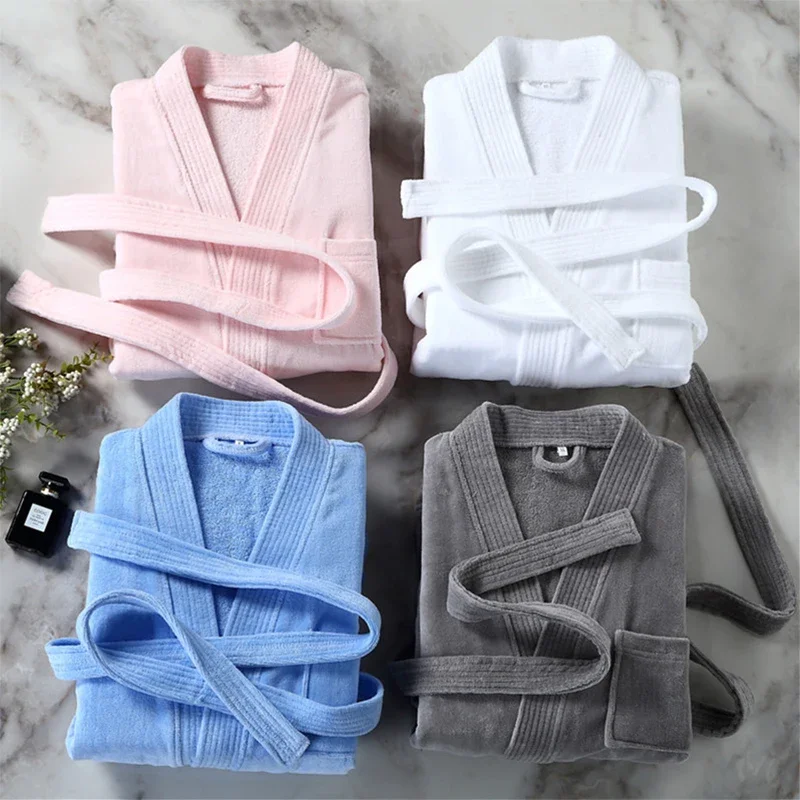 100%Cotton Long Thick Absorbent Terry Bath Robe Kimono Men LightWeight Waffle Towel Bathrobe Solid Sleepwear Women Dressing Gown