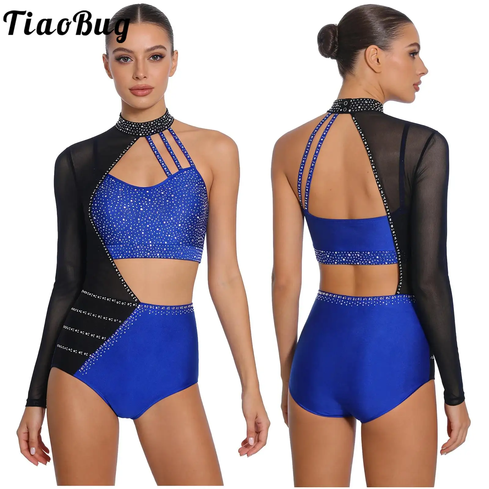 Maillot de Gimnasia Rítmica para Mujer, Traje de Patinaje Artístico, Disfraz de Actuación con Pedrería, Mono de Baile Asimétrico con Aberturas