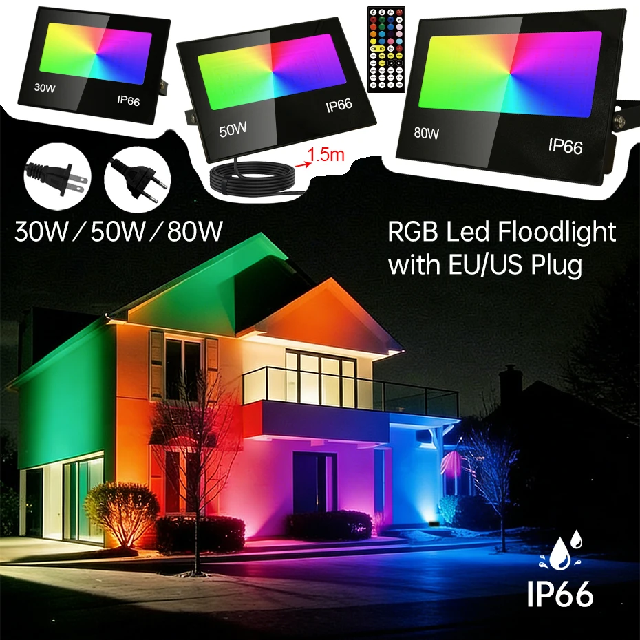 

Светодиодный RGB прожектор 30W 50W 80W для наружного освещения, AC 220V 110V, RGBWW, для сада, с вилками US EU AU UK